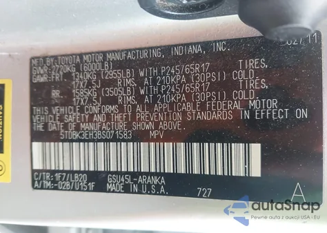 2011 Toyota Highlander Se V6 from USA, damaged, VIN 5TDBK3EH3BS071583